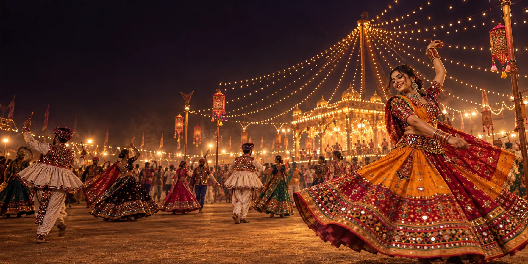 Illustrative Garba night: dancers in vibrant traditional dress under golden festival lights